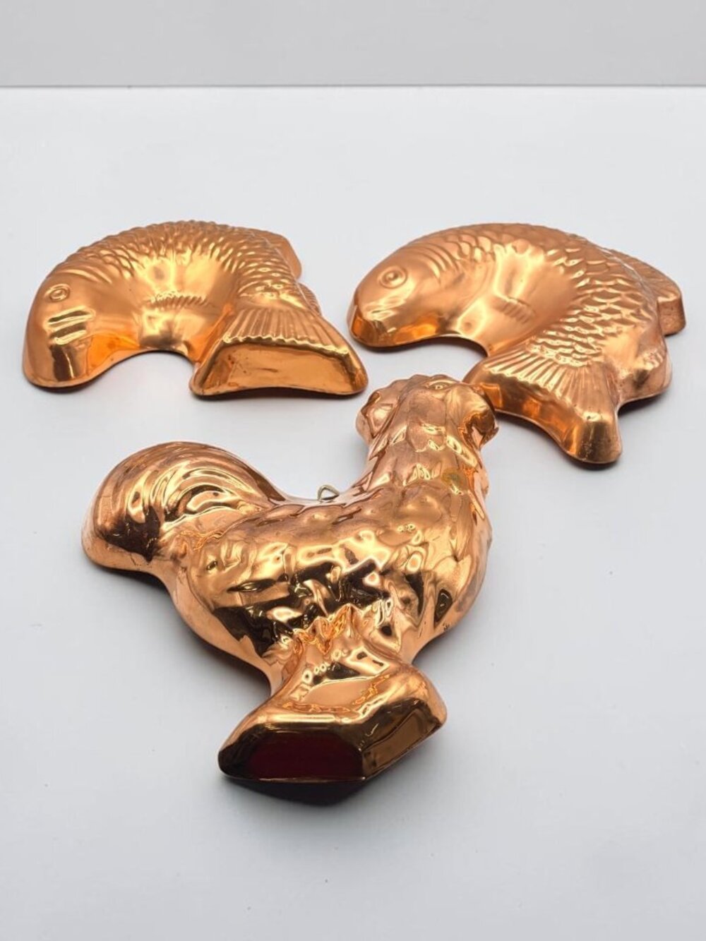 Vintage Copper Tone Aluminum Fish Rooster Molds Set of 3 Farmhouse Kitchen Decor